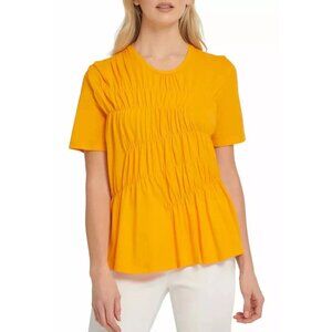 DKNY Womens Ruched Crew Neck Top Short Sleeve Orange Size Medium